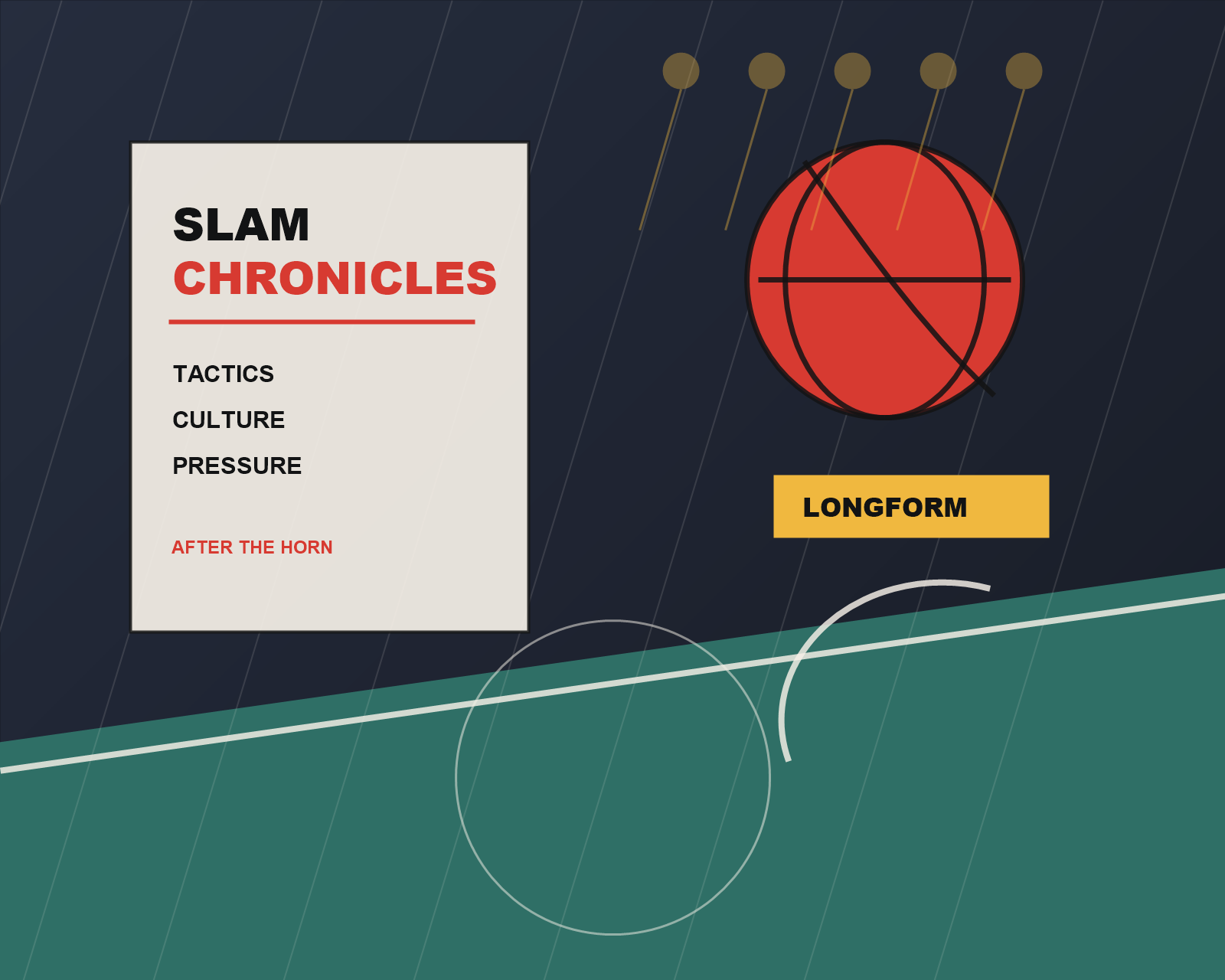 A bold editorial sports collage with a basketball court and notebook textures.